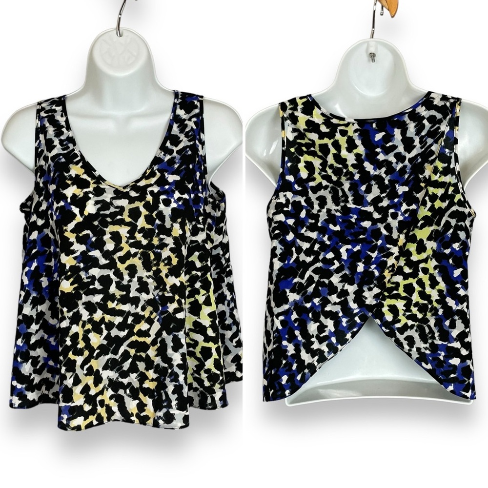 Miss Selfridge Tank Top Tulip Open Back Animal Print Leopard Black Blue‎ Size 2